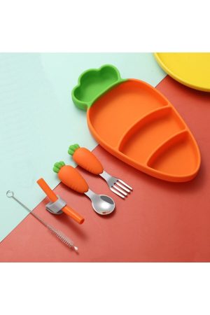 Vakumlu Silikon Mama Tabağı, Silikon Saplı Metal Uçlu Çatal Ve Kaşık Havuç Figürlü