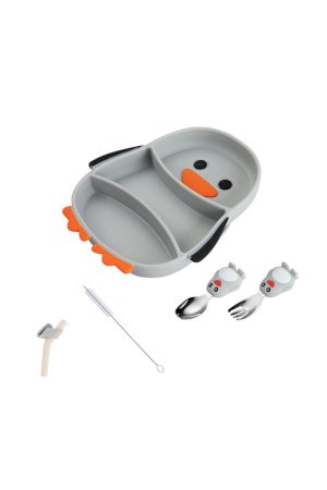 Vakumlu Silikon Bebek Mama Tabağı, Silikon Saplı Metal Uçlu Mama Kaşığı ve Pipet Beslenme Seti - Penguen Figürlü